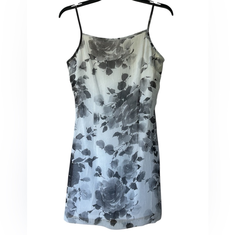 Byer Too Black Gray White Floral Overlay Dress Y2K Organza Boho Size 9